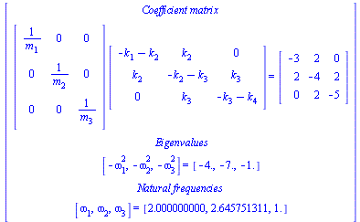 array( 1 .. 6, 1 .. 1, [( 1, 1 ) = `Coefficient matrix`, ( 6, 1 ) = [omega[1], omega[2], omega[3]] = [2.000000000, 2.645751311, 1.], ( 5, 1 ) = `Natural frequencies`, ( 2, 1 ) = `*`(array( 1 .. 3, 1 ....